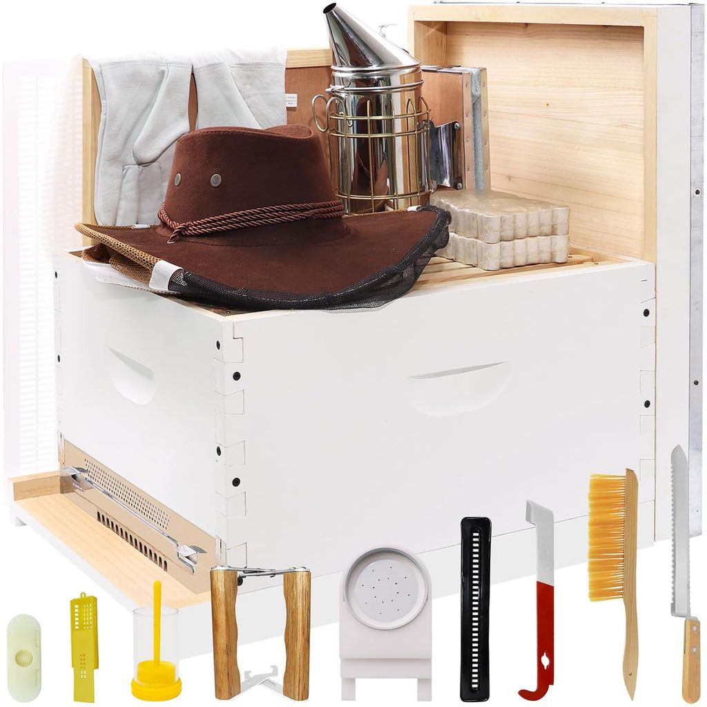 Newest 10 Frame Beehives Starter Kit Hand Painted Includes Beekeeping Supplies Tools and Cowboy Bee Hat